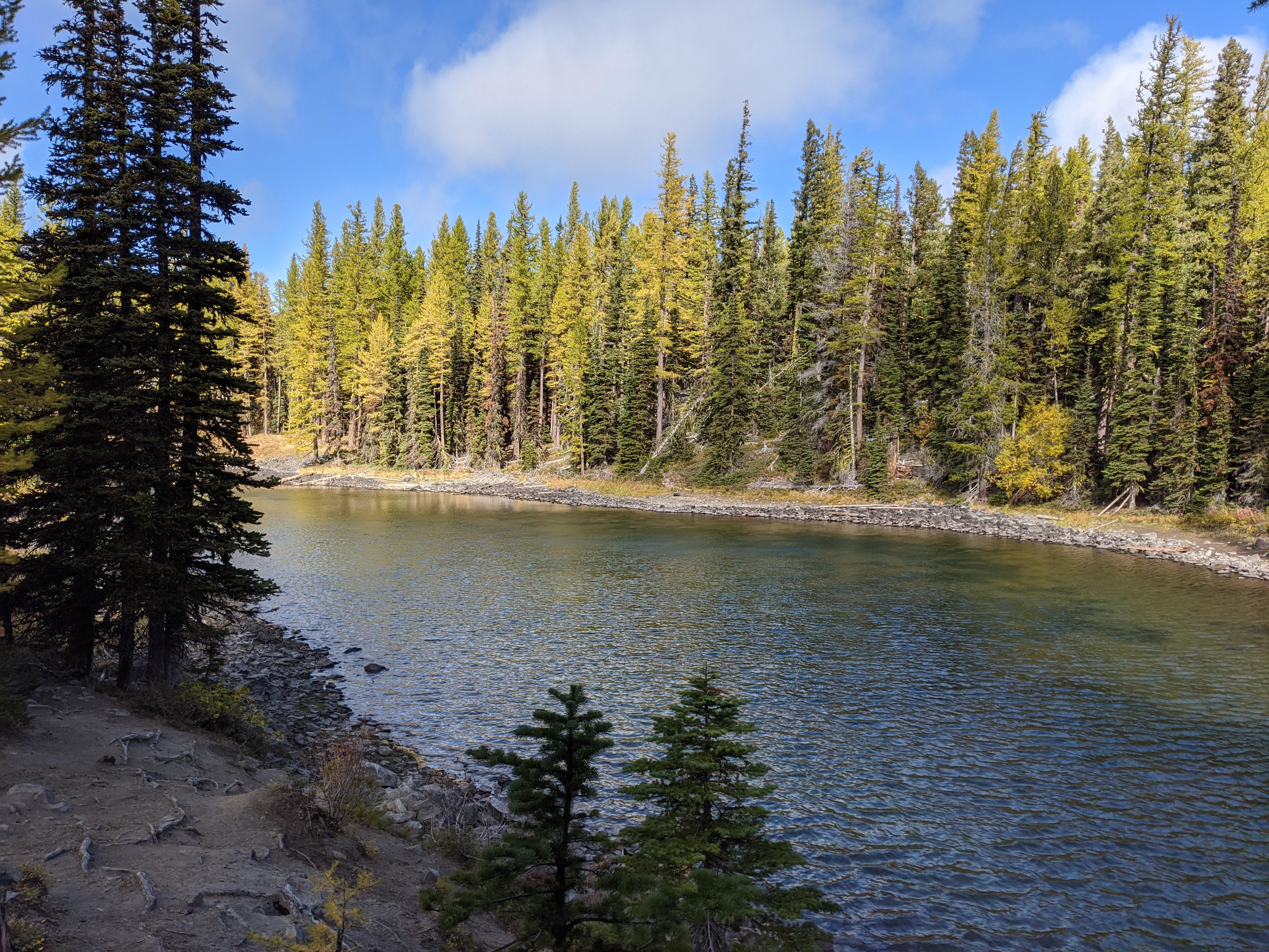 A mountain lake, surrounded by trees with leaves turning colors from green to yellow and orange