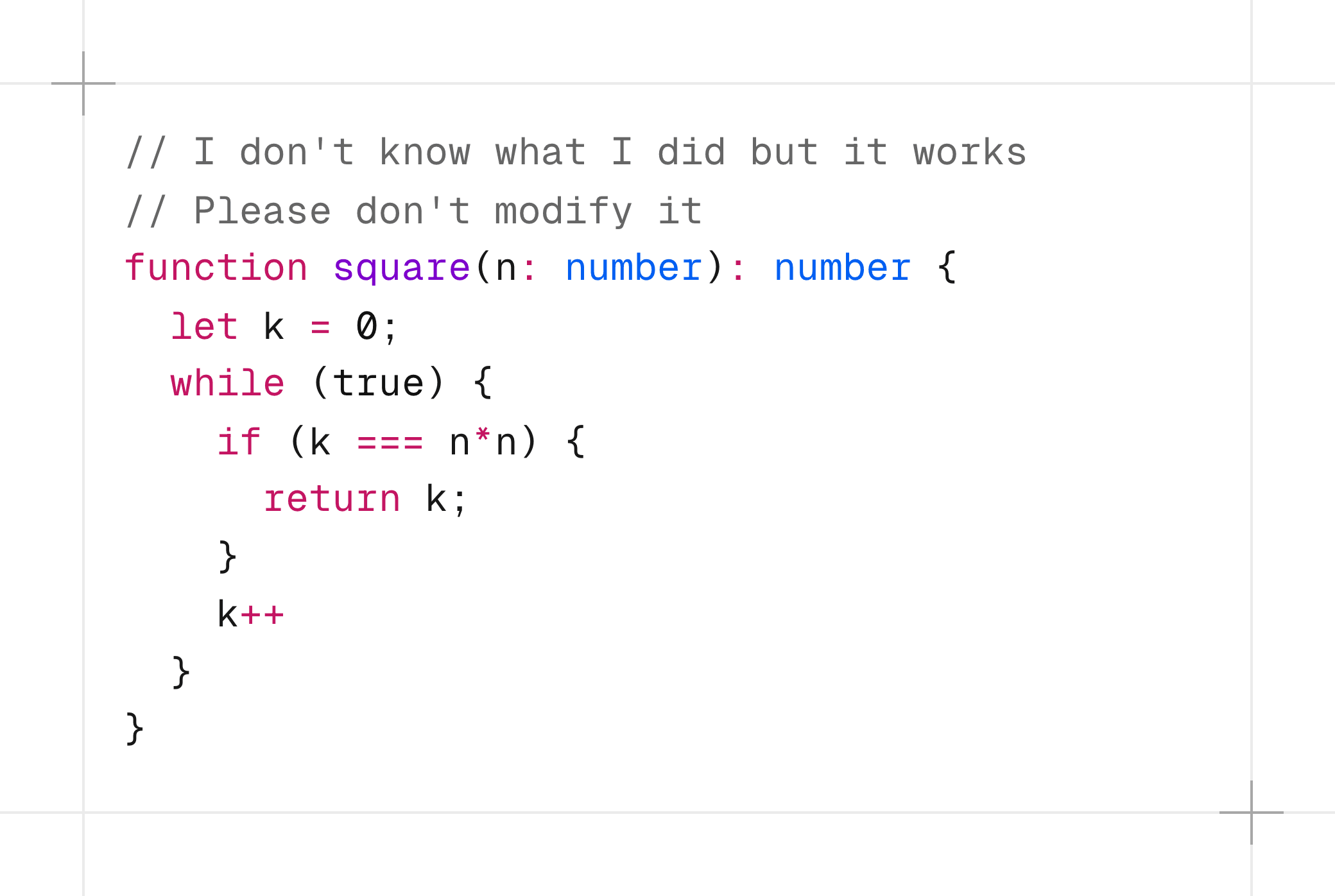 TypeScript code defining a function that returns the square of a number using a while loop with a comment saying that the code works and it shouldn't be modified