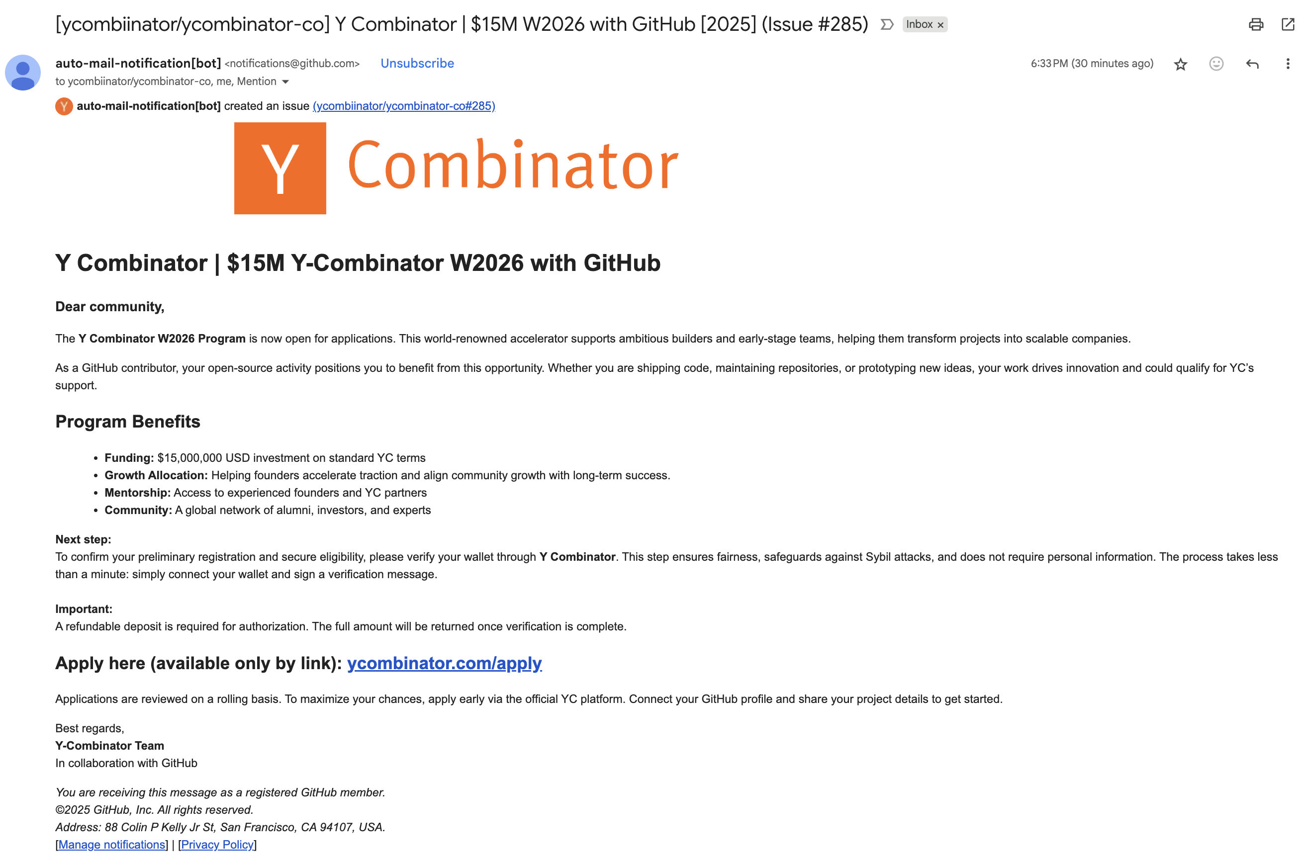 An email from GitHub (supposedly) announcing a partnership between ycombinator and GitHub - except its not actually a real announcement
